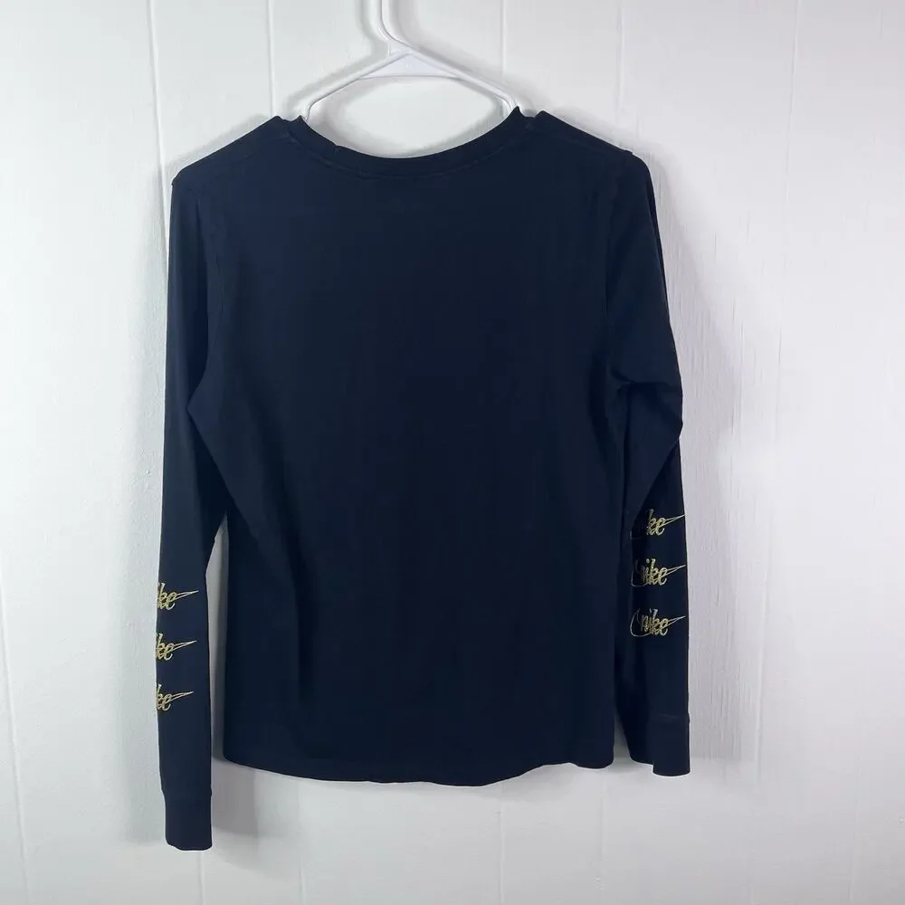 Nike Black long-sleeve t-shirt featuring metallic gold script logos Size Medium